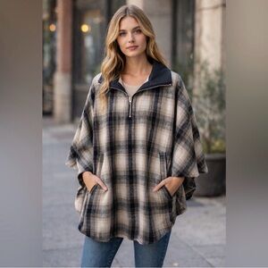 Blank NYC "Checked Out" plaid poncho cape jacket